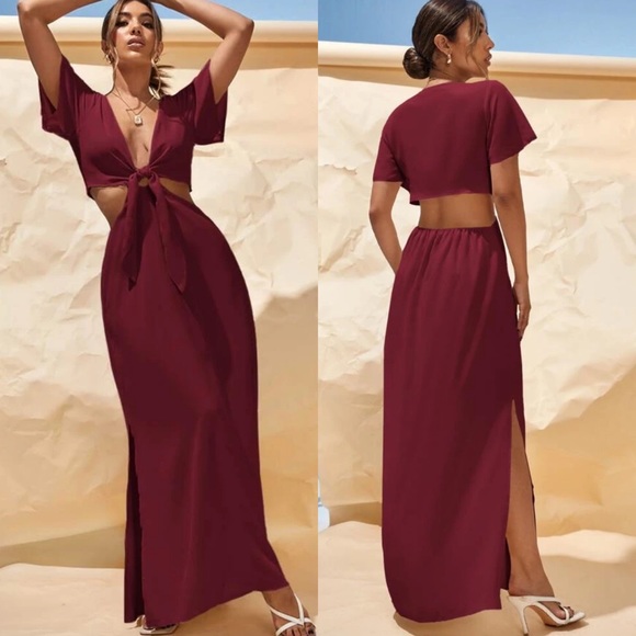 Cutout twist knotted slit maxi dress boho cream - Picture 2 of 4